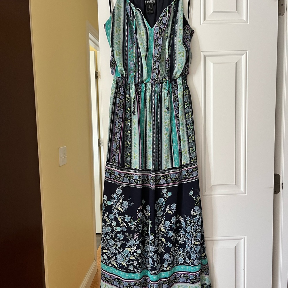 Enfocus Studio Floral and Striped Maxi Dress in Teal and Navy